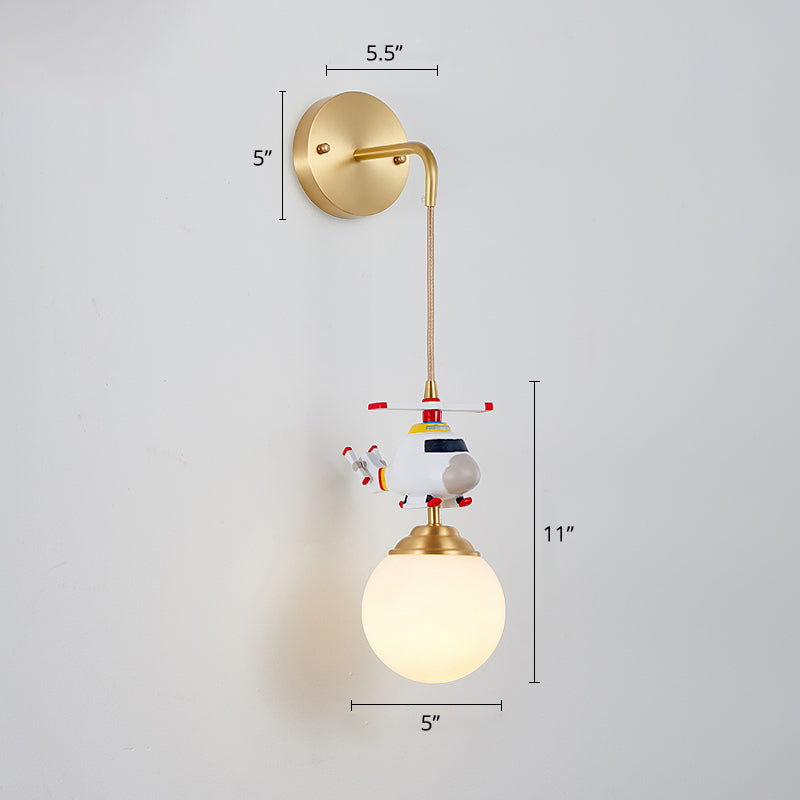 Milk Glass Ball Wall Hanging Light Postmodern 1-Bulb Gold Wall Lamp with Helicopter Deco Clearhalo 'Wall Lamps & Sconces' 'Wall Lights' Lighting' 2468222