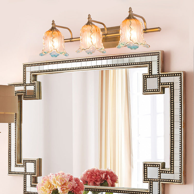 Ombre Glass Flower Vanity Wall Sconce Traditional Bathroom Mirror Light in Brass Clearhalo 'Vanity Lights' 'Wall Lights' Lighting' 2468315