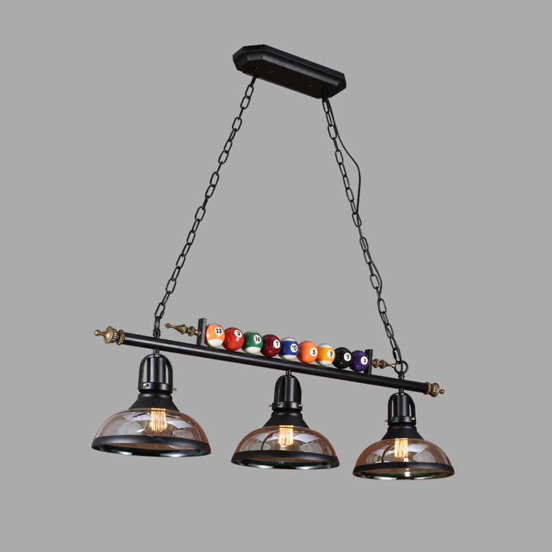 Black 3-Light Suspension Lamp Industrial Metal Linear Island Light with Shade and Billiard Balls Black Dome Clearhalo 'Ceiling Lights' 'Island Lights' Lighting' 2468332