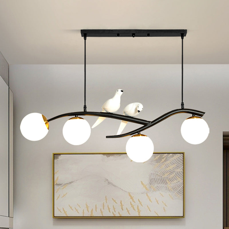 Postmodern 4-Bulb Island Lamp Tree Branch Hanging Light with Ball Glass Shade and Bird Deco Black Clearhalo 'Ceiling Lights' 'Island Lights' Lighting' 2468340