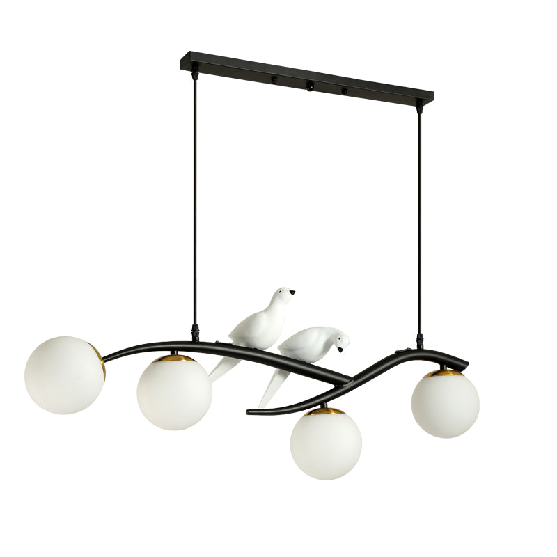 Postmodern 4-Bulb Island Lamp Tree Branch Hanging Light with Ball Glass Shade and Bird Deco Clearhalo 'Ceiling Lights' 'Island Lights' Lighting' 2468342