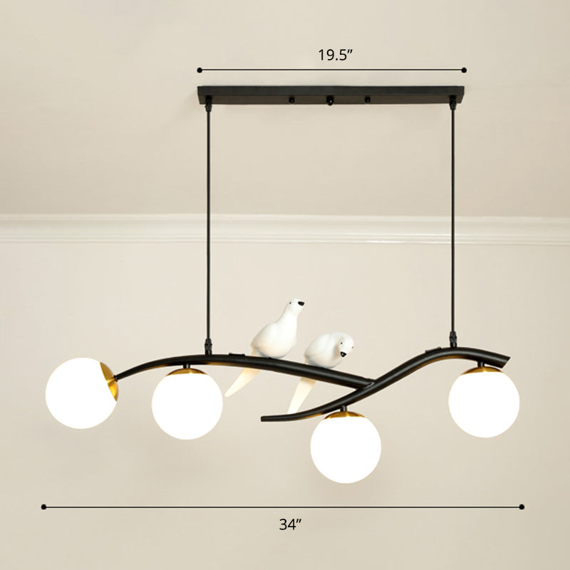 Postmodern 4-Bulb Island Lamp Tree Branch Hanging Light with Ball Glass Shade and Bird Deco Clearhalo 'Ceiling Lights' 'Island Lights' Lighting' 2468344