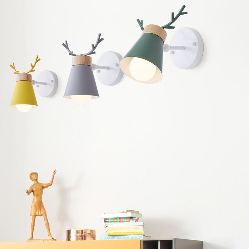 Rotating Cone Shade Sconce Lighting Nordic Metal 1-Light Kids Room Reading Light with Antler Deco Clearhalo 'Wall Lamps & Sconces' 'Wall Lights' Lighting' 2468574