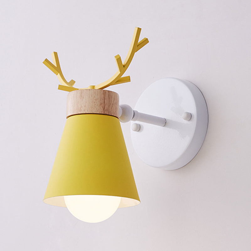 Rotating Cone Shade Sconce Lighting Nordic Metal 1-Light Kids Room Reading Light with Antler Deco Yellow Clearhalo 'Wall Lamps & Sconces' 'Wall Lights' Lighting' 2468575