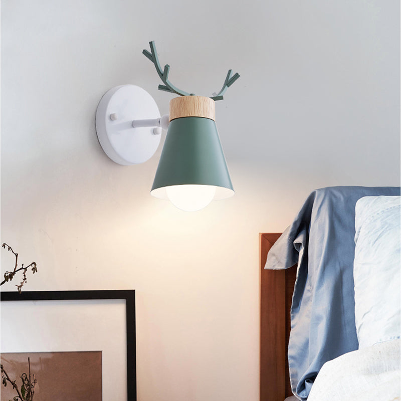 Rotating Cone Shade Sconce Lighting Nordic Metal 1-Light Kids Room Reading Light with Antler Deco Clearhalo 'Wall Lamps & Sconces' 'Wall Lights' Lighting' 2468576