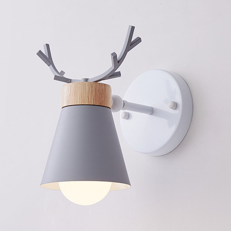 Rotating Cone Shade Sconce Lighting Nordic Metal 1-Light Kids Room Reading Light with Antler Deco Grey Clearhalo 'Wall Lamps & Sconces' 'Wall Lights' Lighting' 2468577