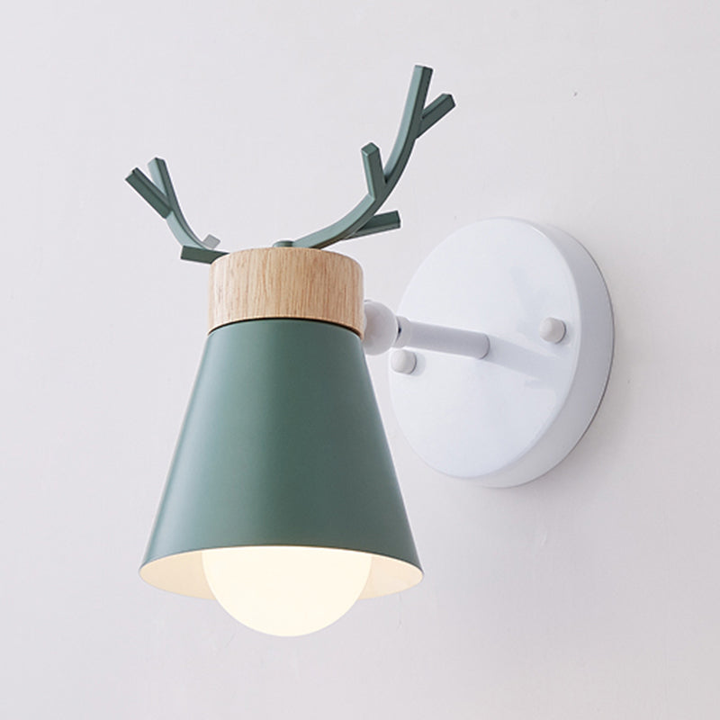 Rotating Cone Shade Sconce Lighting Nordic Metal 1-Light Kids Room Reading Light with Antler Deco Green Clearhalo 'Wall Lamps & Sconces' 'Wall Lights' Lighting' 2468578