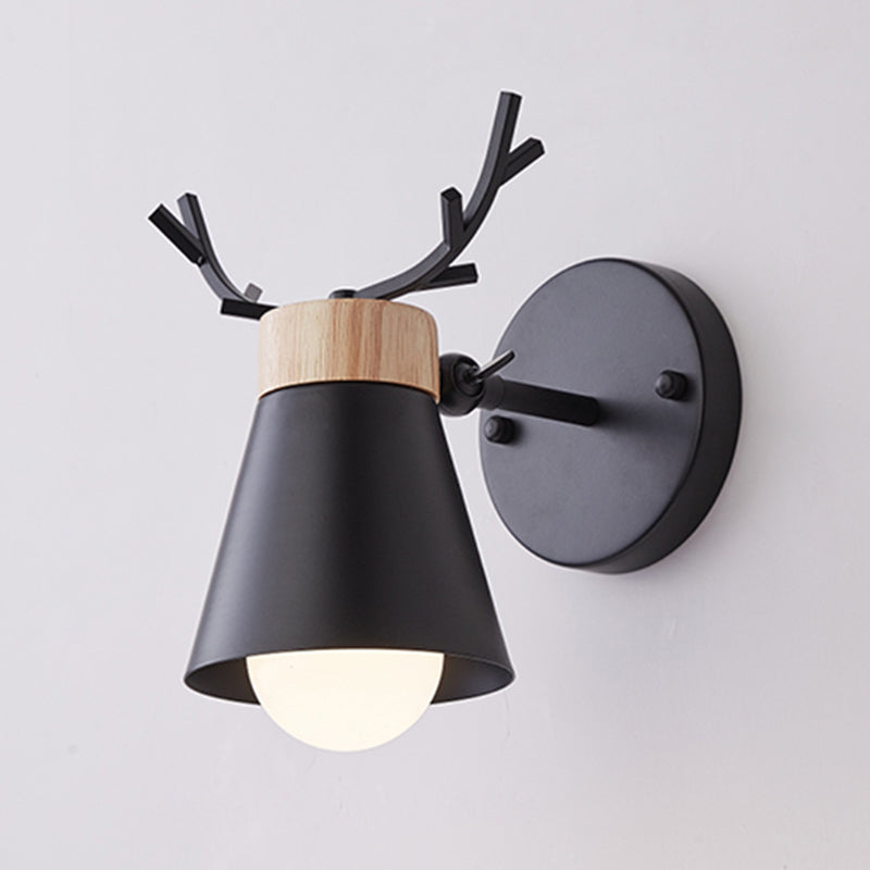 Rotating Cone Shade Sconce Lighting Nordic Metal 1-Light Kids Room Reading Light with Antler Deco Black Clearhalo 'Wall Lamps & Sconces' 'Wall Lights' Lighting' 2468580