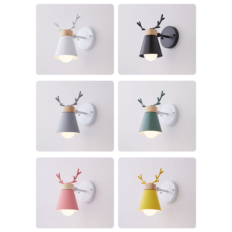 Rotating Cone Shade Sconce Lighting Nordic Metal 1-Light Kids Room Reading Light with Antler Deco Clearhalo 'Wall Lamps & Sconces' 'Wall Lights' Lighting' 2468581