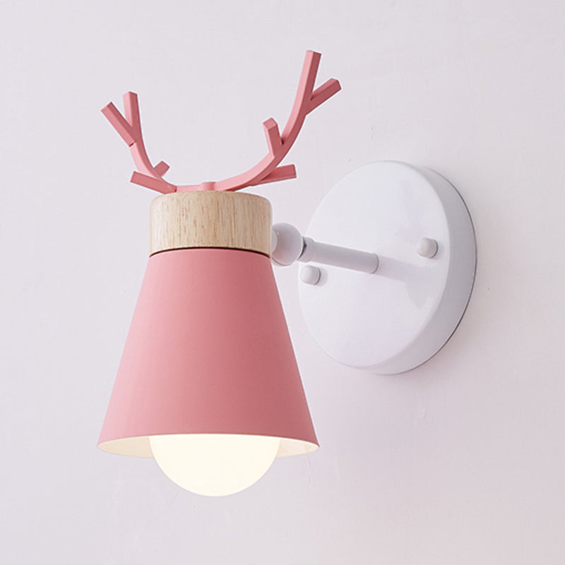 Rotating Cone Shade Sconce Lighting Nordic Metal 1-Light Kids Room Reading Light with Antler Deco Pink Clearhalo 'Wall Lamps & Sconces' 'Wall Lights' Lighting' 2468584