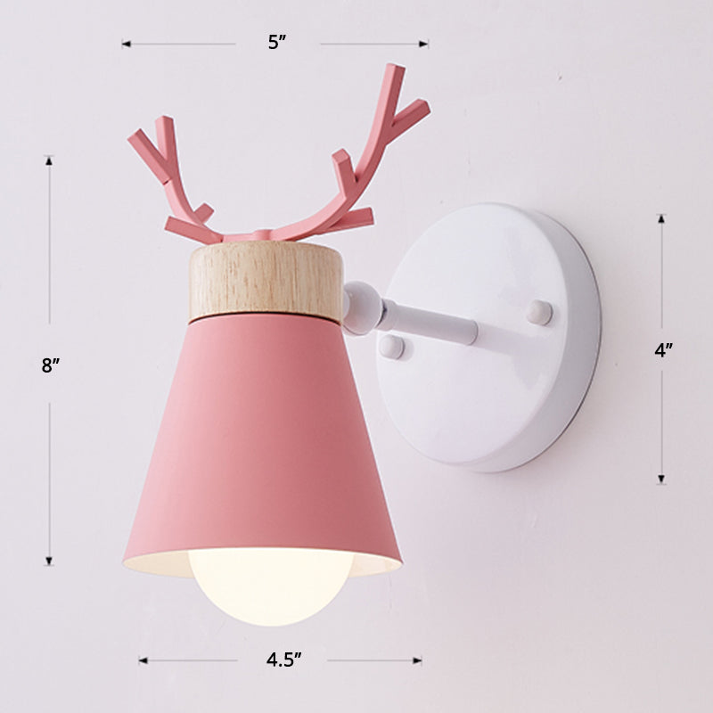 Rotating Cone Shade Sconce Lighting Nordic Metal 1-Light Kids Room Reading Light with Antler Deco Clearhalo 'Wall Lamps & Sconces' 'Wall Lights' Lighting' 2468590