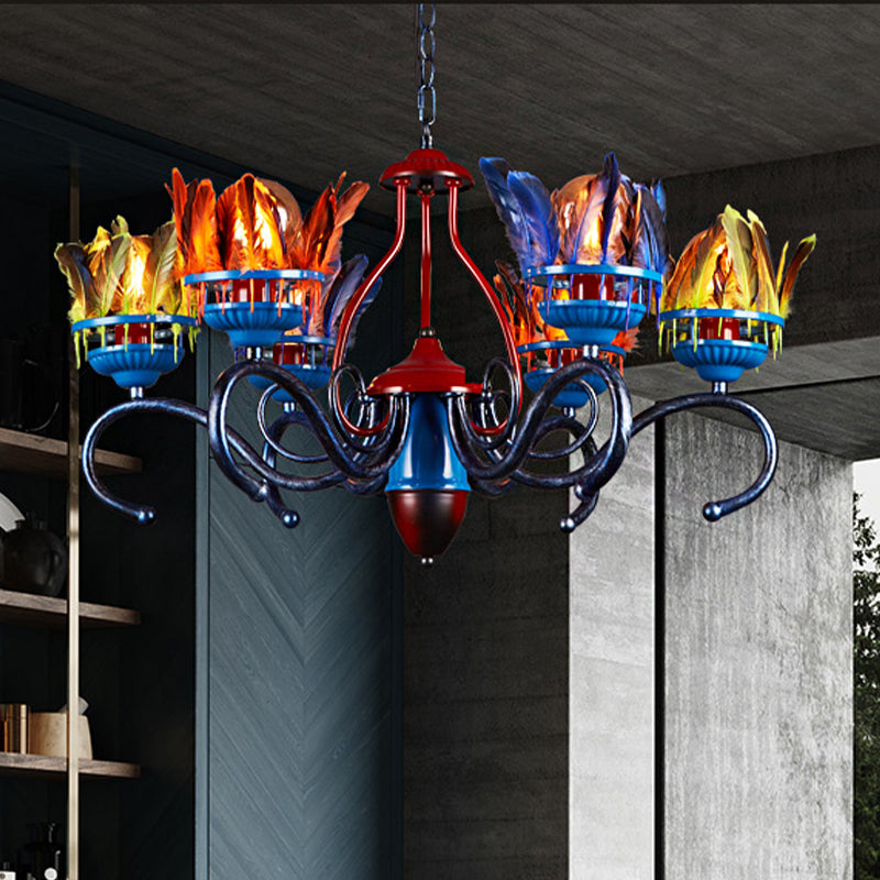 6 Lights Chandelier Lighting Fixture Antique Feather Metal Ceiling Suspension Lamp in Orange-Blue for Restaurant Clearhalo 'Ceiling Lights' 'Chandeliers' Lighting' options 246894