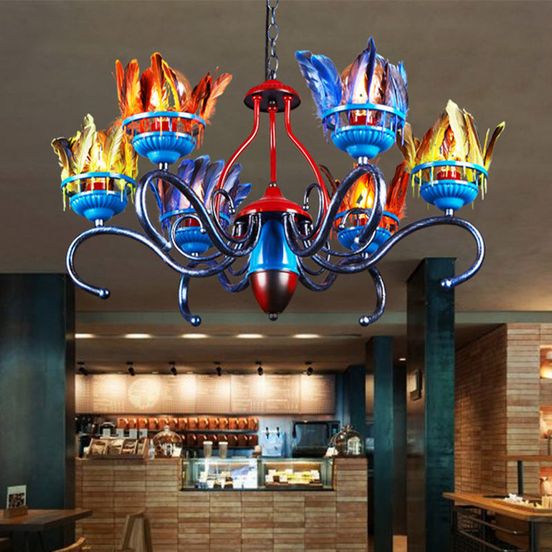 6 Lights Chandelier Lighting Fixture Antique Feather Metal Ceiling Suspension Lamp in Orange-Blue for Restaurant Clearhalo 'Ceiling Lights' 'Chandeliers' Lighting' options 246895