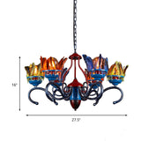 6 Lights Chandelier Lighting Fixture Antique Feather Metal Ceiling Suspension Lamp in Orange-Blue for Restaurant Clearhalo 'Ceiling Lights' 'Chandeliers' Lighting' options 246896