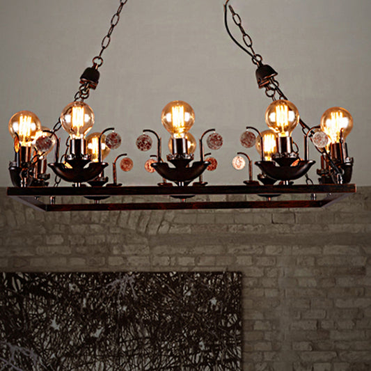 Rust Rectangular Pendant Chandelier Industrial Metal 10-Head Bedroom Hanging Ceiling Light Clearhalo 'Ceiling Lights' 'Chandeliers' Lighting' options 246903