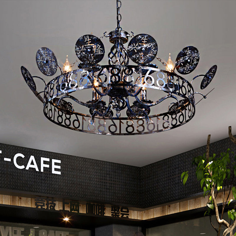 6-Light Wagon Wheel Chandelier Light Traditional Black Metal Suspension Pendant for Cafe Clearhalo 'Ceiling Lights' 'Chandeliers' Lighting' options 246908