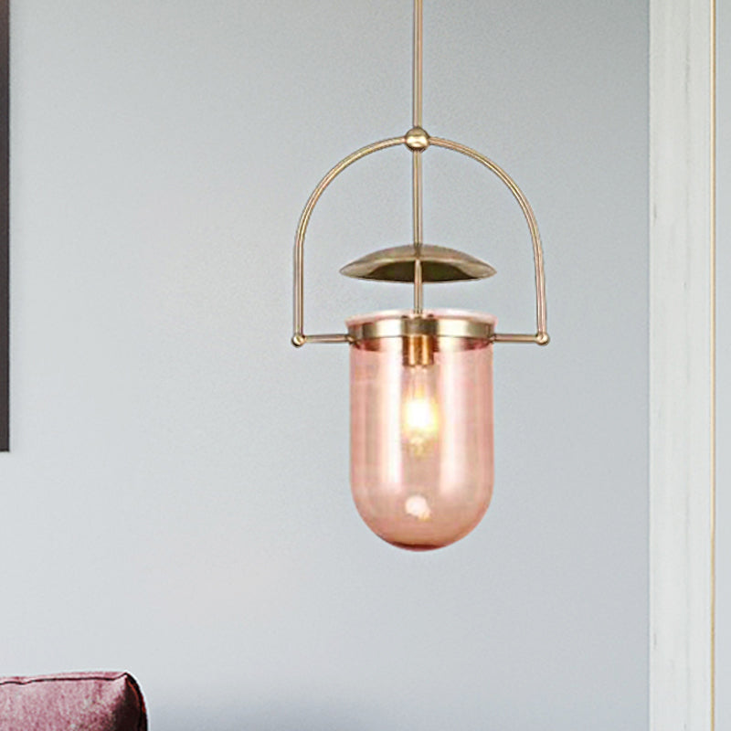 Cylinder Glass Shade Pendant Light Contemporary Amber/Pink 1 Light Hanging Ceiling Light Fixture with Black/Gold Frame Pink Clearhalo 'Ceiling Lights' 'Glass shade' 'Glass' 'Modern Pendants' 'Modern' 'Pendant Lights' 'Pendants' Lighting' 246910