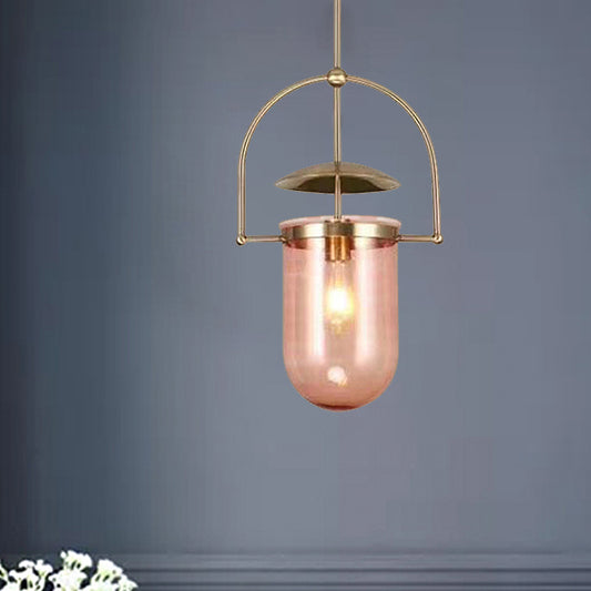 Cylinder Glass Shade Pendant Light Contemporary Amber/Pink 1 Light Hanging Ceiling Light Fixture with Black/Gold Frame Clearhalo 'Ceiling Lights' 'Glass shade' 'Glass' 'Modern Pendants' 'Modern' 'Pendant Lights' 'Pendants' Lighting' 246911