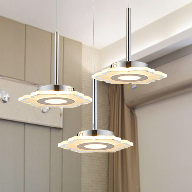 Modernism Flower Cluster Pendant Acrylic 3-Head LED Dinging Room Lamp in Warm/White/Natural Light with Linear/Round Canopy White Warm Round Clearhalo 'Ceiling Lights' 'Modern Pendants' 'Modern' 'Pendant Lights' 'Pendants' Lighting' 246961