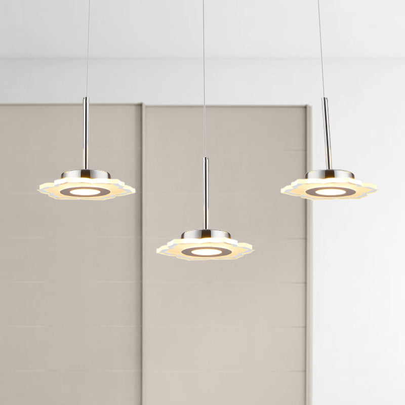 Modernism Flower Cluster Pendant Acrylic 3-Head LED Dinging Room Lamp in Warm/White/Natural Light with Linear/Round Canopy White Warm Linear Clearhalo 'Ceiling Lights' 'Modern Pendants' 'Modern' 'Pendant Lights' 'Pendants' Lighting' 246963