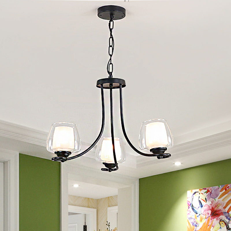 3/6 Bulbs Ceiling Lamp Sputnik Double-Layered Glass Traditional Dining Room Chandelier in Black Clearhalo 'Ceiling Lights' 'Chandeliers' Lighting' options 246987