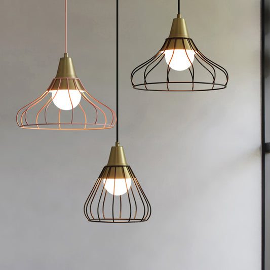 Metal Cone Pendant Lighting Modern 1 Light Hanging Ceiling Lamp Fixture with White/Black Wire-Cage Shade, 9"/13" Wide Clearhalo 'Ceiling Lights' 'Modern Pendants' 'Modern' 'Pendant Lights' 'Pendants' Lighting' 246999