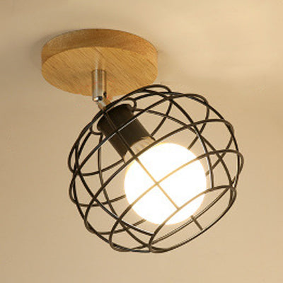 1 Light Adjustable Squared/Globe Ceiling Mounted Light with Cage Shade Industrial Black Metal Semi Flush Light for Corridor Black Globe Clearhalo 'Ceiling Lights' 'Close To Ceiling Lights' 'Close to ceiling' 'Flush mount' 'Industrial Flush Mount' Lighting' 24699