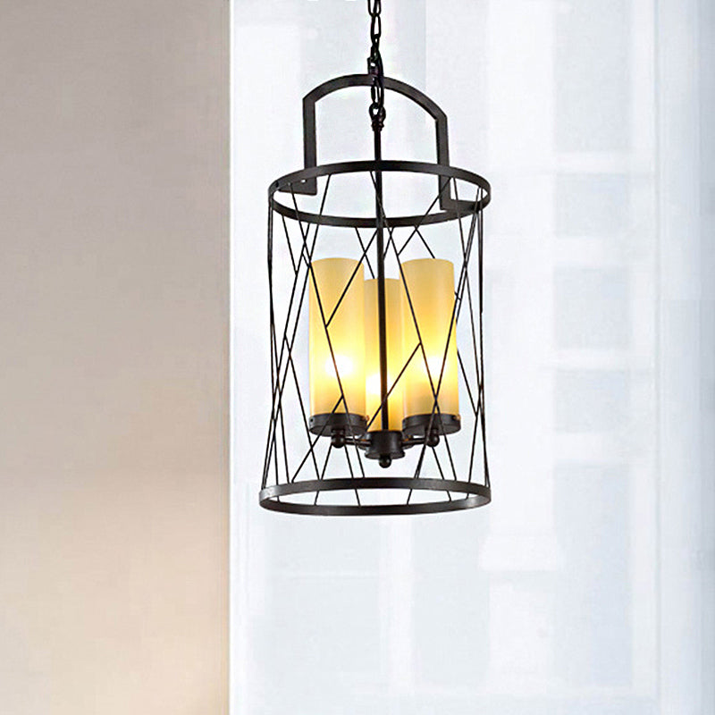 3 Light Pendant Light Traditional Cylinder Beige Glass Hanging Chandelier in Black Clearhalo 'Ceiling Lights' 'Chandeliers' Lighting' options 247069