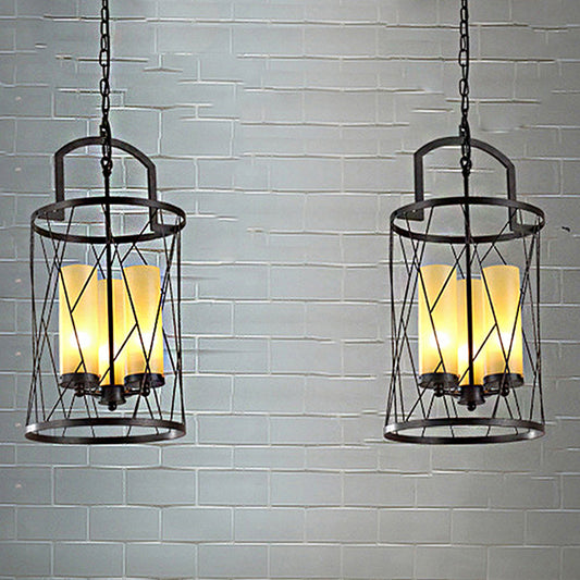 3 Light Pendant Light Traditional Cylinder Beige Glass Hanging Chandelier in Black Clearhalo 'Ceiling Lights' 'Chandeliers' Lighting' options 247070