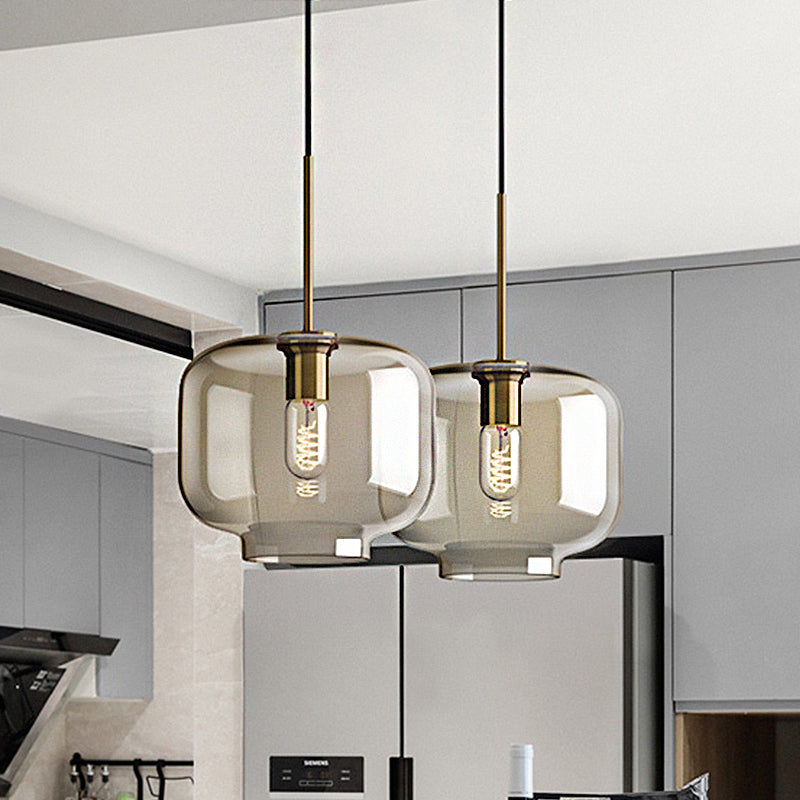 1 Light Dining Room Suspension Lamp with Oval/Drum/Cylinder Clear Glass Shade Contemporary Brass Ceiling Pendant Light, 7"/10"/11" Wide Clearhalo 'Ceiling Lights' 'Glass shade' 'Glass' 'Modern Pendants' 'Modern' 'Pendant Lights' 'Pendants' Lighting' 247074