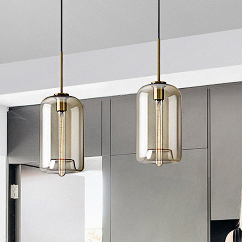 1 Light Dining Room Suspension Lamp with Oval/Drum/Cylinder Clear Glass Shade Contemporary Brass Ceiling Pendant Light, 7"/10"/11" Wide Clearhalo 'Ceiling Lights' 'Glass shade' 'Glass' 'Modern Pendants' 'Modern' 'Pendant Lights' 'Pendants' Lighting' 247077