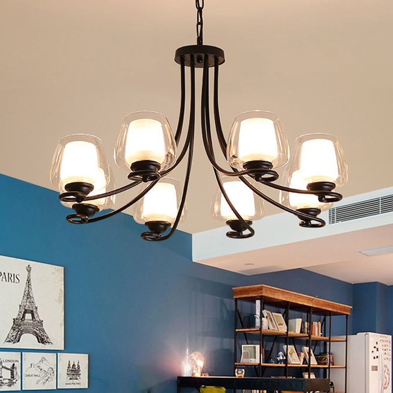 8 Lights Chandelier Light with Cylinder Shade Double-Layered Glass Classic Living Room Ceiling Lamp Black Clearhalo 'Ceiling Lights' 'Chandeliers' Lighting' options 247092_08cdf45b-2ada-4a40-a72b-3c6c9b88c64c