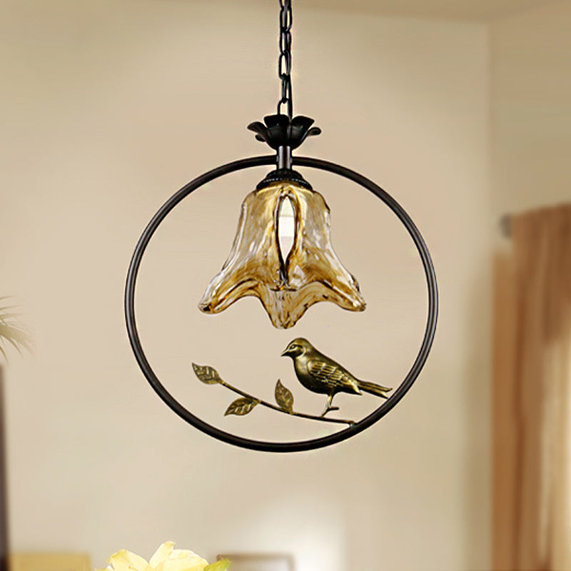 Black Round/Oval Ceiling Light Classic Metal 1 Light Living Room Pendant Lighting Fixture with Flower Shade and Bird Clearhalo 'Ceiling Lights' 'Pendant Lights' 'Pendants' Lighting' 247107