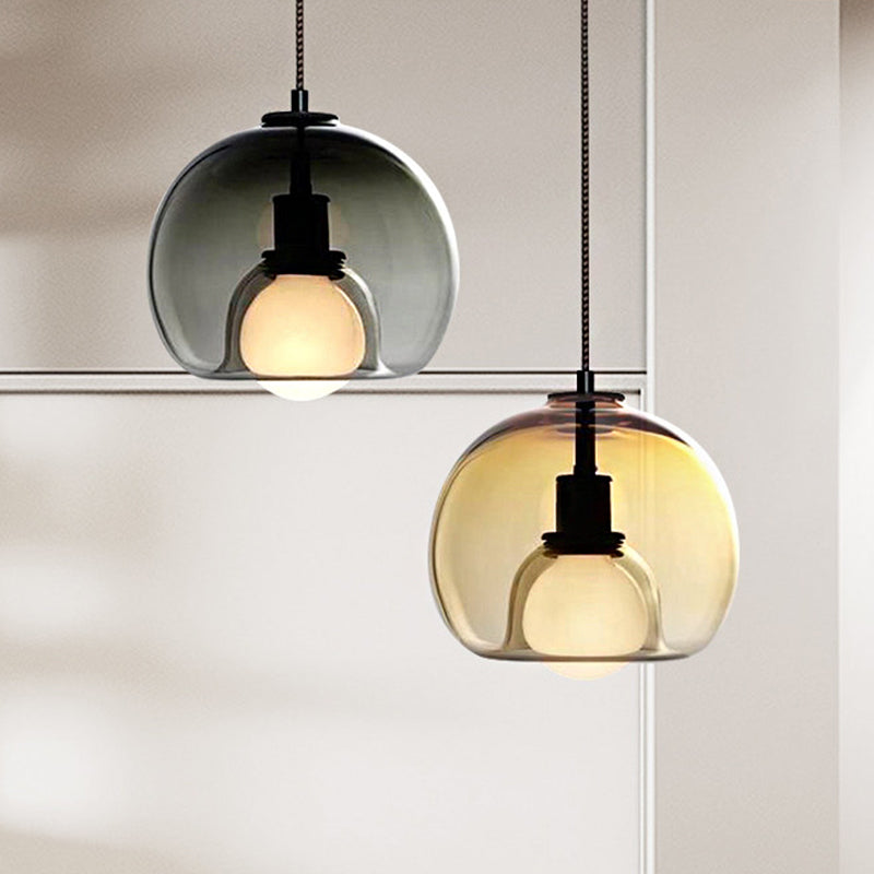 Dome Suspension Pendant Contemporary Amber/Smoke Glass 1 Light Black Hanging Lamp Fixture for Bedroom Clearhalo 'Ceiling Lights' 'Chandeliers' 'Glass shade' 'Glass' 'Modern Pendants' 'Modern' 'Pendant Lights' 'Pendants' Lighting' 247113