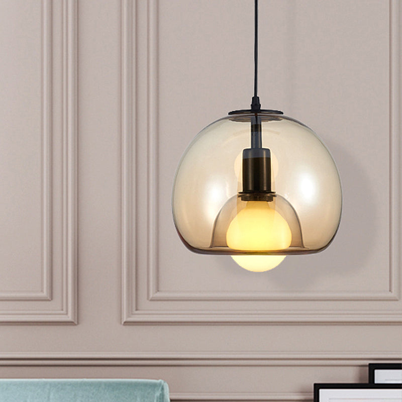 Dome Suspension Pendant Contemporary Amber/Smoke Glass 1 Light Black Hanging Lamp Fixture for Bedroom Clearhalo 'Ceiling Lights' 'Chandeliers' 'Glass shade' 'Glass' 'Modern Pendants' 'Modern' 'Pendant Lights' 'Pendants' Lighting' 247115