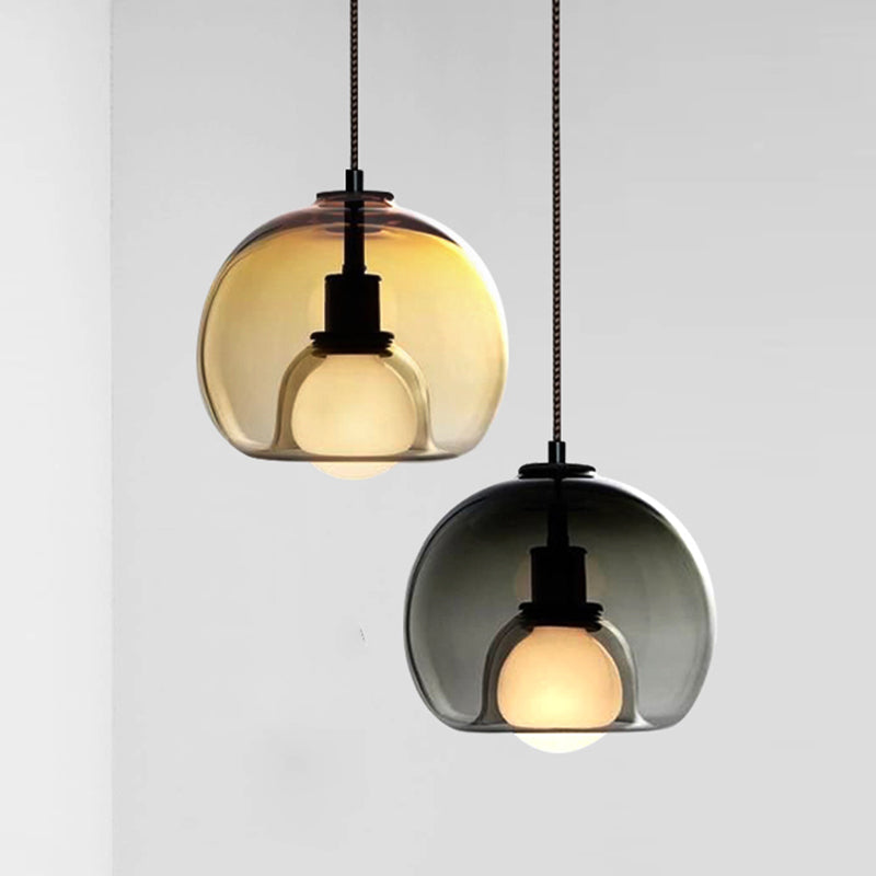 Dome Suspension Pendant Contemporary Amber/Smoke Glass 1 Light Black Hanging Lamp Fixture for Bedroom Clearhalo 'Ceiling Lights' 'Chandeliers' 'Glass shade' 'Glass' 'Modern Pendants' 'Modern' 'Pendant Lights' 'Pendants' Lighting' 247117