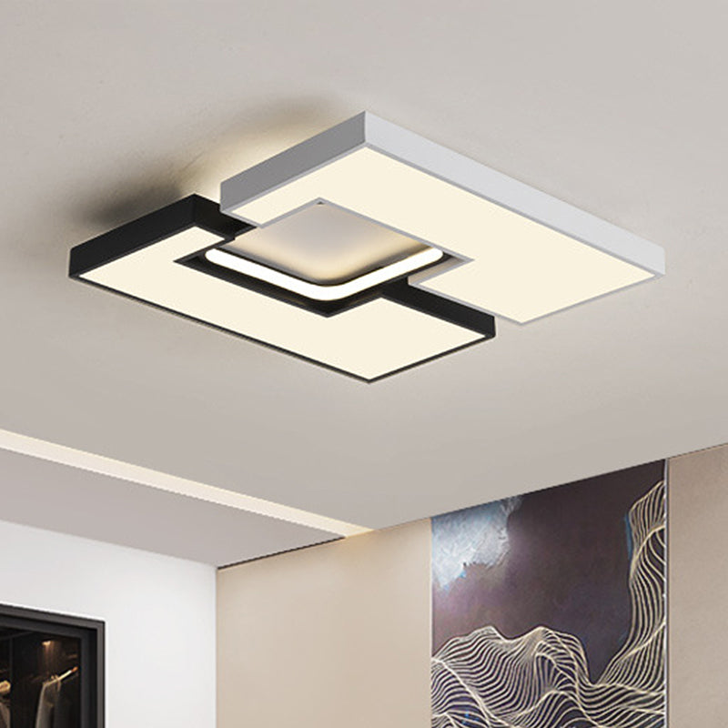 Square/Rectangular Flush Mount Lamp Modern Metal 22"/31.5" Wide Led Black and White Flush Mount Ceiling Fixture with Recessed Diffuser in White/Warm Light Black-White 22" Warm Clearhalo 'Ceiling Lights' 'Close To Ceiling Lights' 'Close to ceiling' 'Flush mount' Lighting' 247122