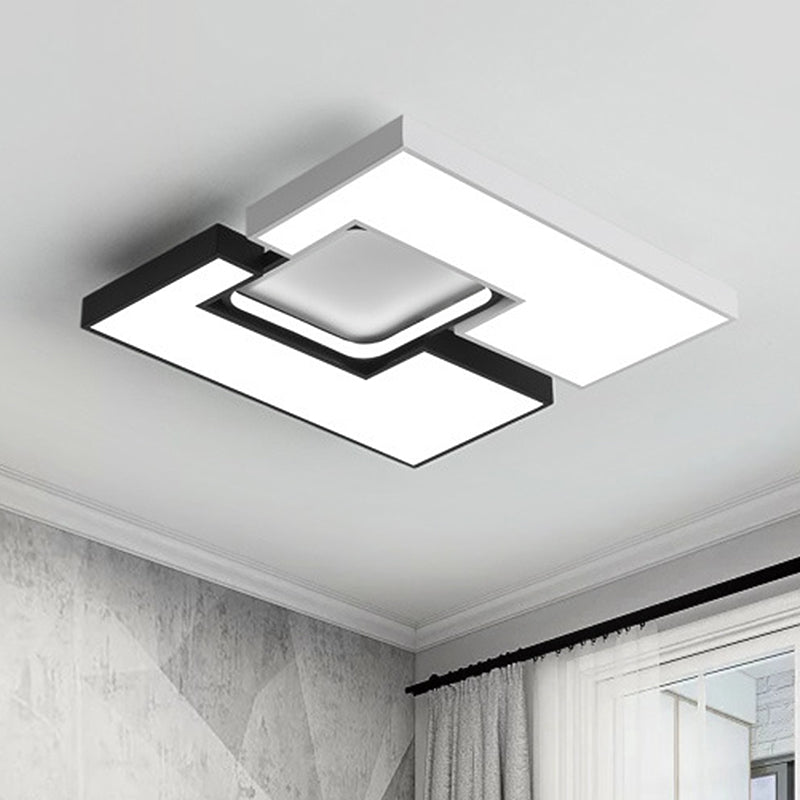 Square/Rectangular Flush Mount Lamp Modern Metal 22"/31.5" Wide Led Black and White Flush Mount Ceiling Fixture with Recessed Diffuser in White/Warm Light Black-White 22" White Clearhalo 'Ceiling Lights' 'Close To Ceiling Lights' 'Close to ceiling' 'Flush mount' Lighting' 247123