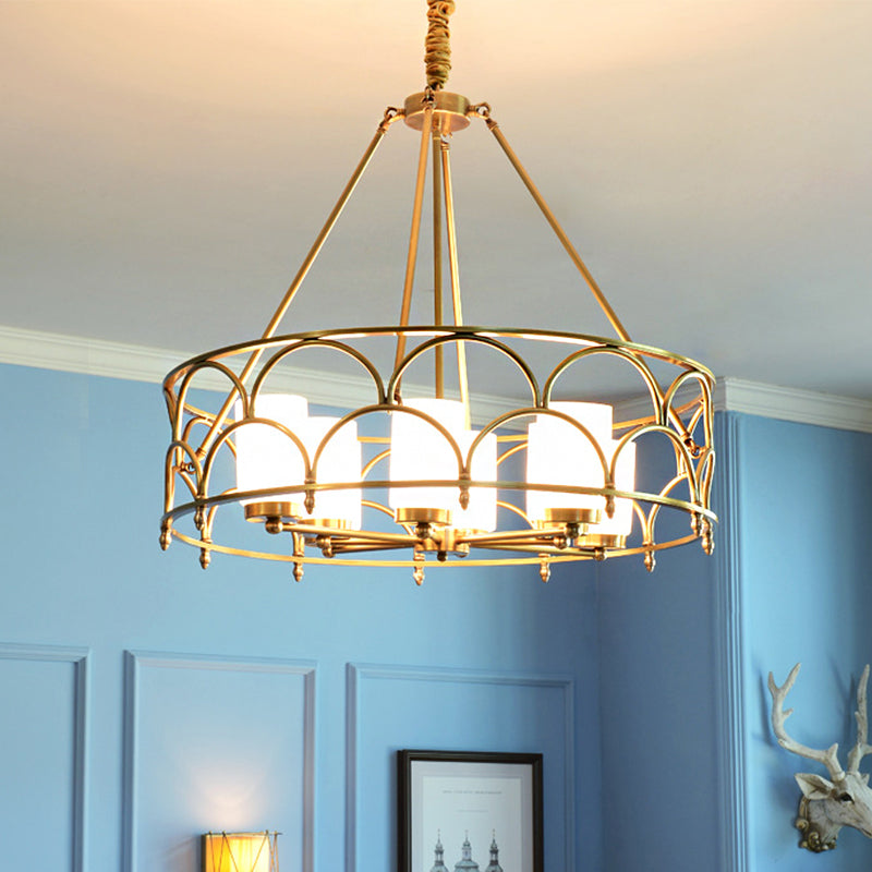 Cylinder Chandelier Modern Metal 4/8 Bulbs Hanging Ceiling Light in Brass with Frosted Glass Shade Clearhalo 'Ceiling Lights' 'Chandeliers' Lighting' options 247130