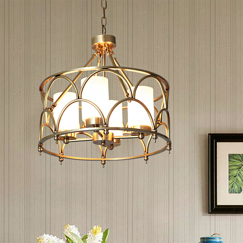 Cylinder Chandelier Modern Metal 4/8 Bulbs Hanging Ceiling Light in Brass with Frosted Glass Shade Clearhalo 'Ceiling Lights' 'Chandeliers' Lighting' options 247132