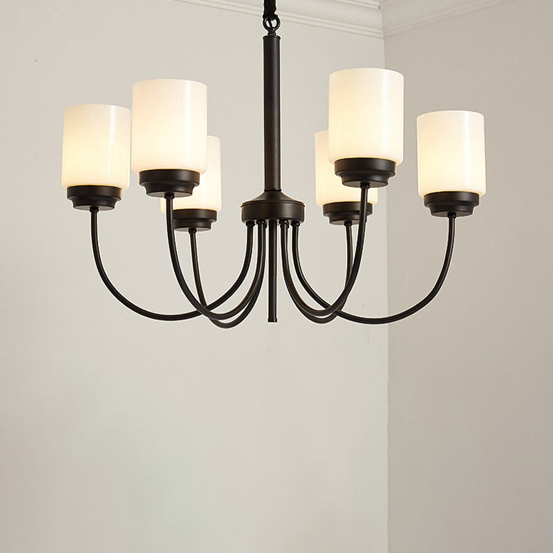 3/6/8 Lights Ceiling Light Traditional Cylinder Opal Glass Hanging Chandelier in Black for Living Room Clearhalo 'Ceiling Lights' 'Chandeliers' Lighting' options 247137