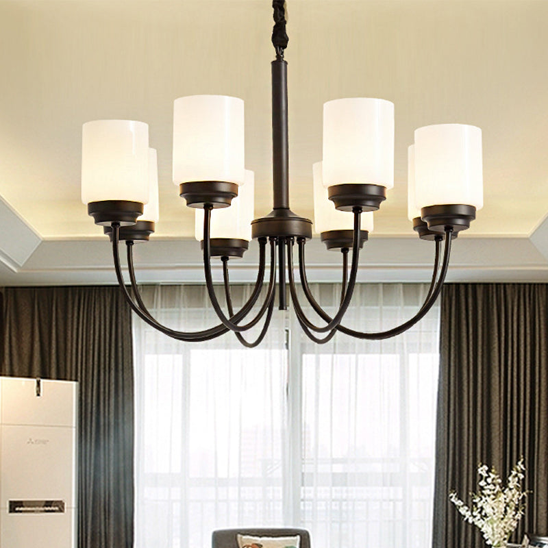 3/6/8 Lights Ceiling Light Traditional Cylinder Opal Glass Hanging Chandelier in Black for Living Room Clearhalo 'Ceiling Lights' 'Chandeliers' Lighting' options 247138