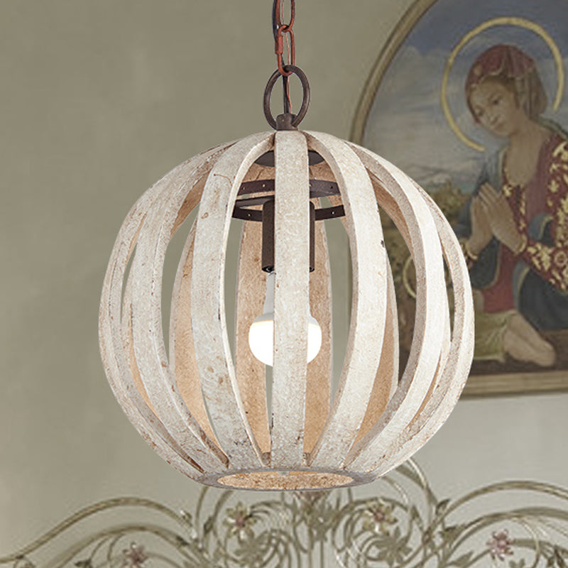 Globe Cage Wood Hanging Ceiling Light Rustic 1 Light Living Room Pendant Lamp in White Clearhalo 'Ceiling Lights' 'Pendant Lights' 'Pendants' Lighting' 247140