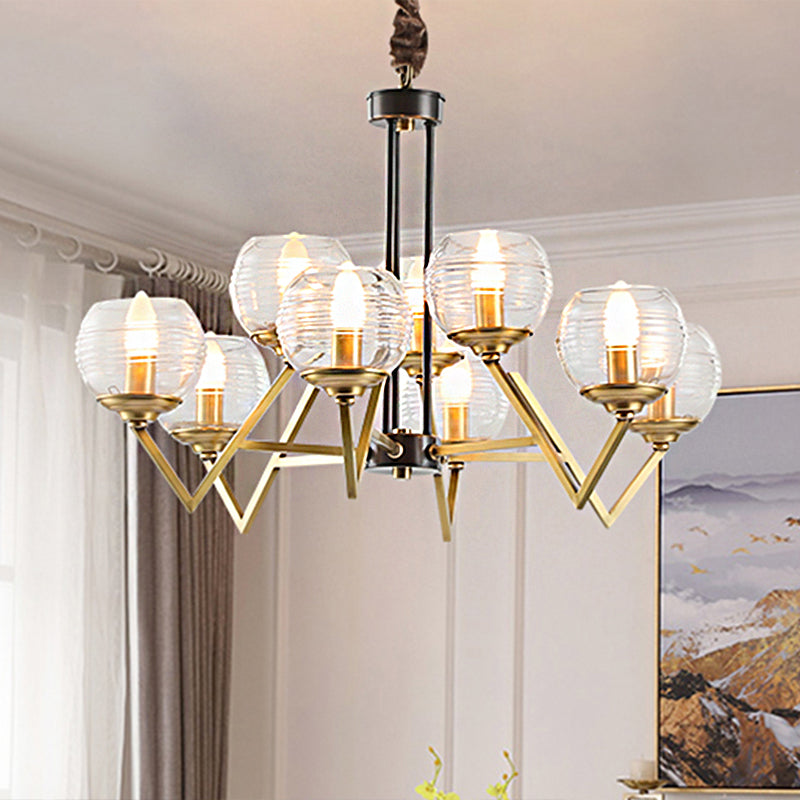 Gold 9/12 Lights Pendant Chandelier Traditional Clear Ribbed Glass Globe Hanging Light for Living Room 9 Gold Clearhalo 'Ceiling Lights' 'Chandeliers' Lighting' options 247180_d0d221d4-7d7a-4656-9dc2-46fae49147a1