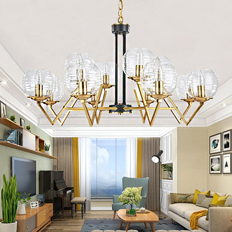 Gold 9/12 Lights Pendant Chandelier Traditional Clear Ribbed Glass Globe Hanging Light for Living Room 12 Gold Clearhalo 'Ceiling Lights' 'Chandeliers' Lighting' options 247182_64206cbf-ae5c-4230-9d9c-ea8641056fdb