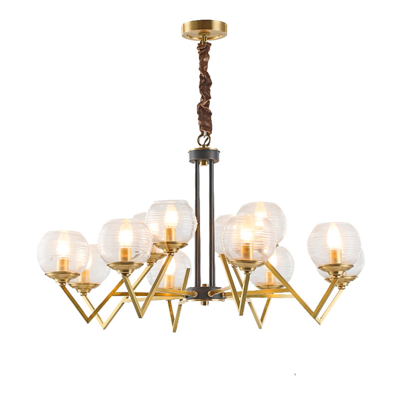 Gold 9/12 Lights Pendant Chandelier Traditional Clear Ribbed Glass Globe Hanging Light for Living Room Clearhalo 'Ceiling Lights' 'Chandeliers' Lighting' options 247185