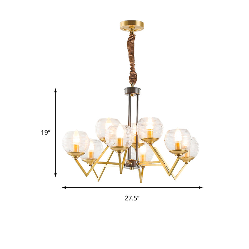 Gold 9/12 Lights Pendant Chandelier Traditional Clear Ribbed Glass Globe Hanging Light for Living Room Clearhalo 'Ceiling Lights' 'Chandeliers' Lighting' options 247186