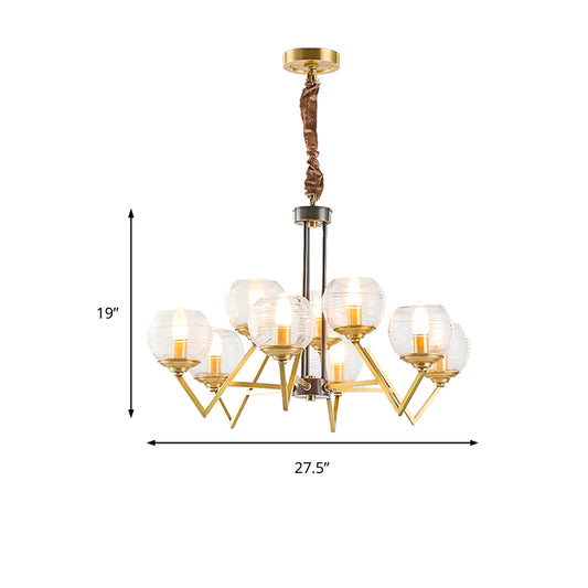 Gold 9/12 Lights Pendant Chandelier Traditional Clear Ribbed Glass Globe Hanging Light for Living Room Clearhalo 'Ceiling Lights' 'Chandeliers' Lighting' options 247186