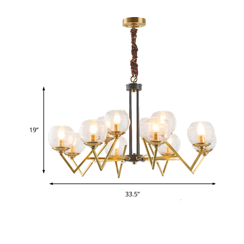 Gold 9/12 Lights Pendant Chandelier Traditional Clear Ribbed Glass Globe Hanging Light for Living Room Clearhalo 'Ceiling Lights' 'Chandeliers' Lighting' options 247187