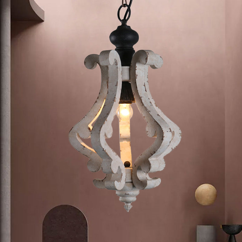 Distressed White 1 Light Hanging Light Kit Rustic Wooden Lantern Pendant Ceiling Light Clearhalo 'Ceiling Lights' 'Pendant Lights' 'Pendants' Lighting' 247194